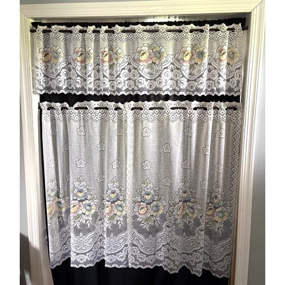 Floral Lace Curtain Set with Valance & Tiers - Picture 1 of 8